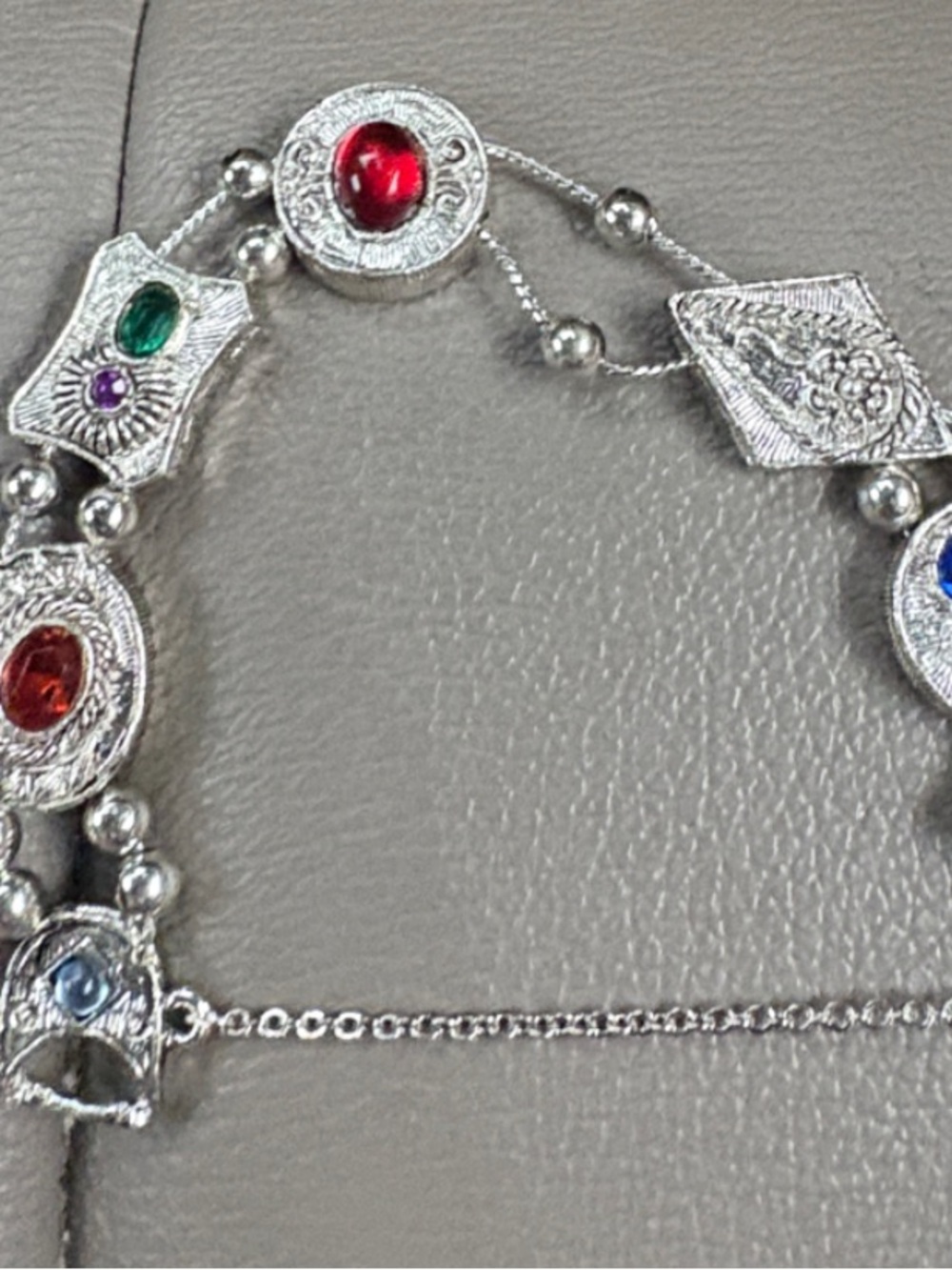 Silver Multi-Gemstone Link bracket - Red, Green, Blue Accents